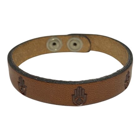 Ανδρικό βραχιόλι δερμάτινο σε καφέ ανοιχτό χρώμα με χέρι Hamsa