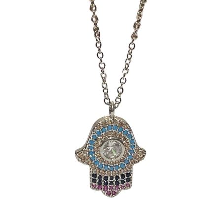 Ατσάλινο γυναικείο κολιέ με σχέδιο χέρι Hamsa σε ασημί χρώμα