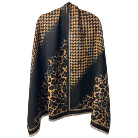 Λεοπάρ εσάρπα διπλής όψης σε καφέ-μαύρο χρώμα